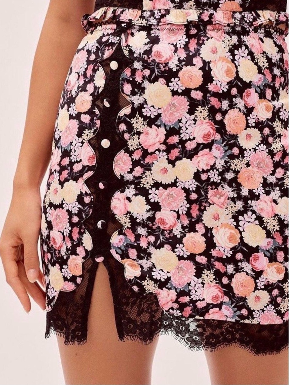 For Love & Lemons Black Mini Skirt with Pink and Cream Floral Print